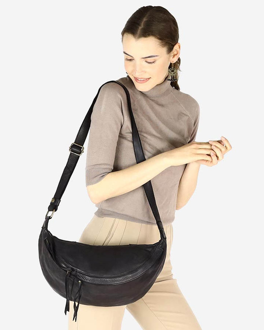 Uniwersalna torebka nerka półksiężyc crossbody runway - skóra naturalna Marco Mazzini czarny