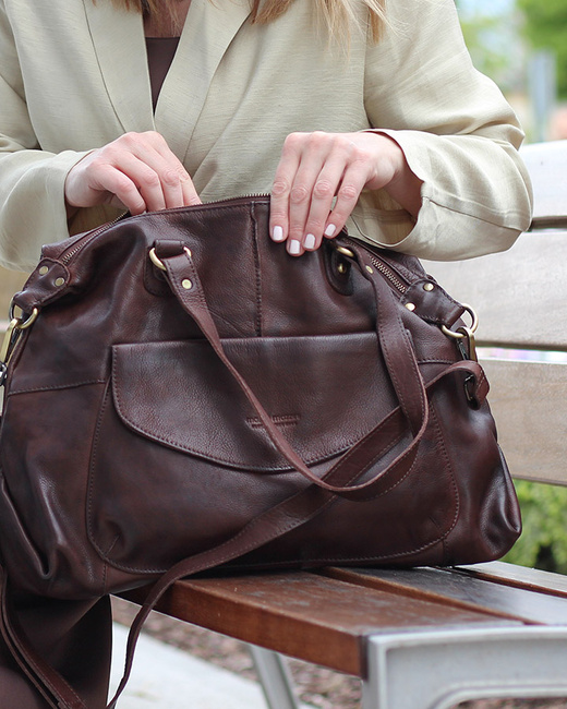 Shopper bag torebka skórzana A4 do pracy - MARCO MAZZINI ciemny brąz
