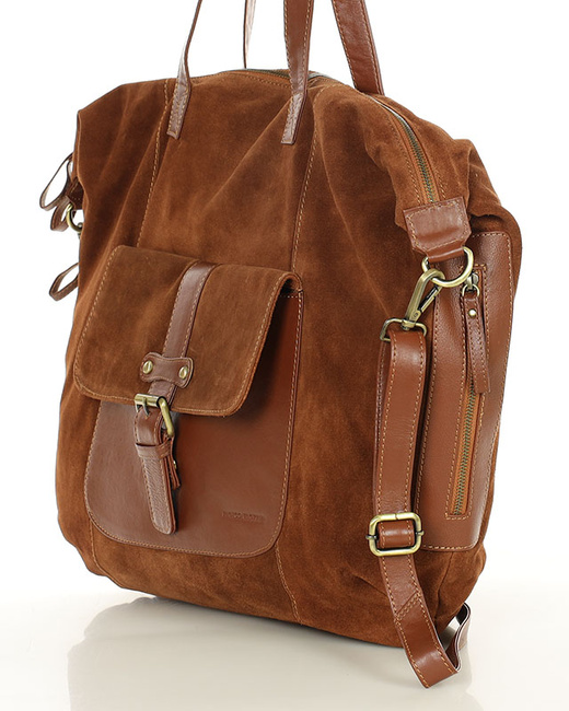 Duża brązowa shopperka zamszowa skórzana z kieszenią – MARCO MAZZINI