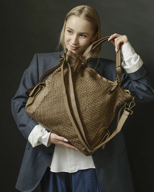 Miejska torebka regulowane raczki shopper pleciona skóra handmade MARCO MAZZINI beż
