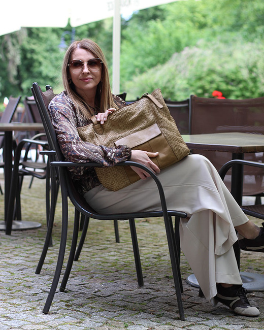 Duża torebka pleciona na ramię shopperka skórzana - MARCO MAZZINI beżowa