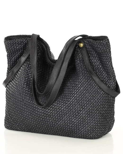 Duża torebka pleciona shopperka ze skóry - MARCO MAZZINI czarna