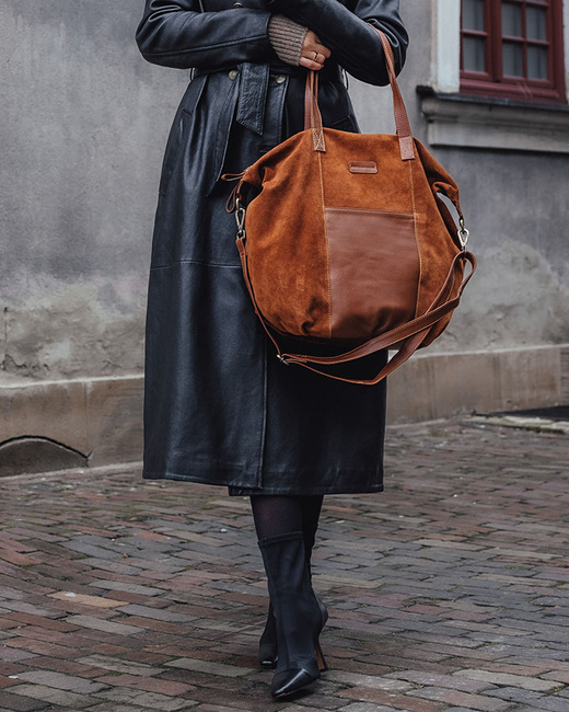 Torba skórzana zamszowa shopper z kieszeniami - It bag MARCO MAZZINI brązowy