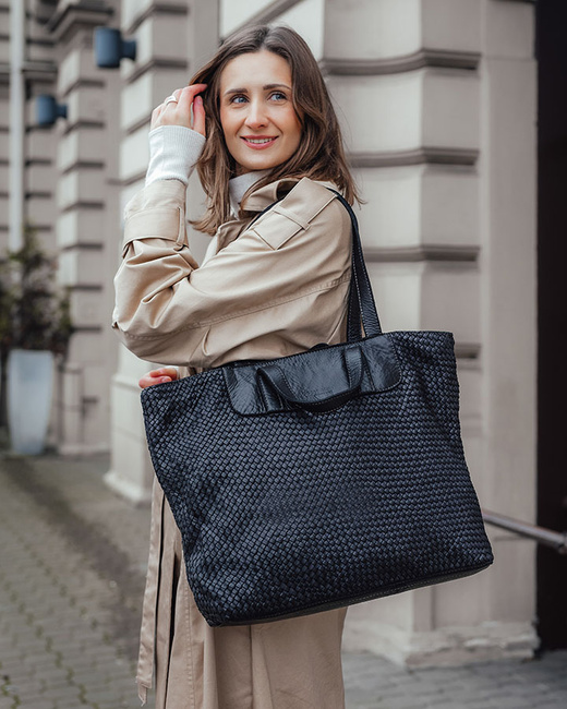 Torba damska pleciona shopper & shoulder leather bag - MARCO MAZZINI czarna