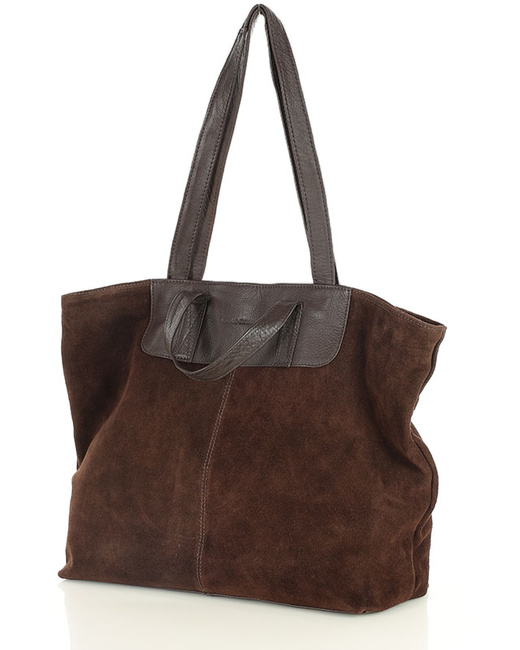 Duża torba zamszowa skórzana podwójne rączki - MARCO MAZZINI ciemny brąz