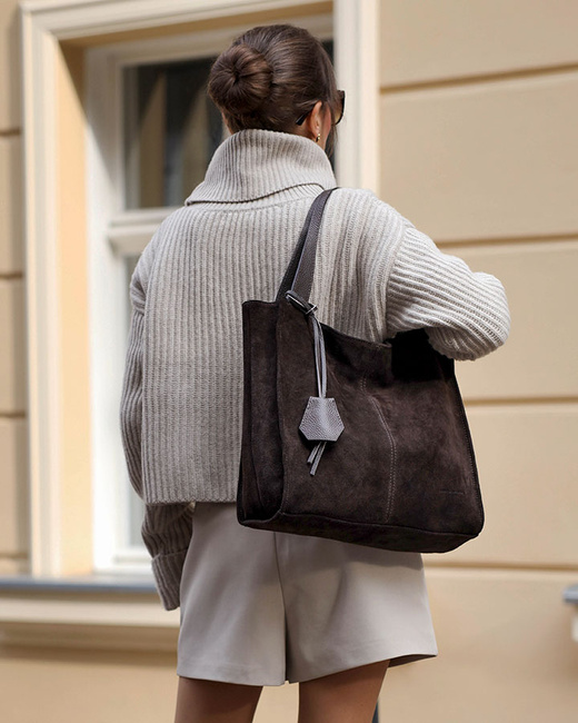 Ciemnobrązowa torba zamszowa ze skóry typu shopper - MARCO MAZZINI