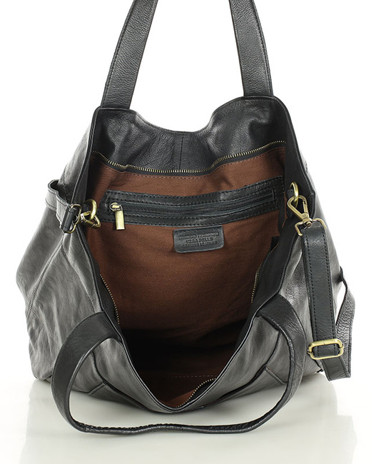 Duża skórzana torebka shopper z kieszenią - MARCO MAZZINI czarny