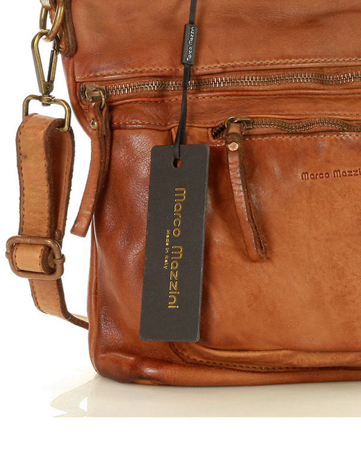 Torebka skórzana funkcjonalna listonoszka z kieszeniami old pelle classica lavata - MARCO MAZZINI camel