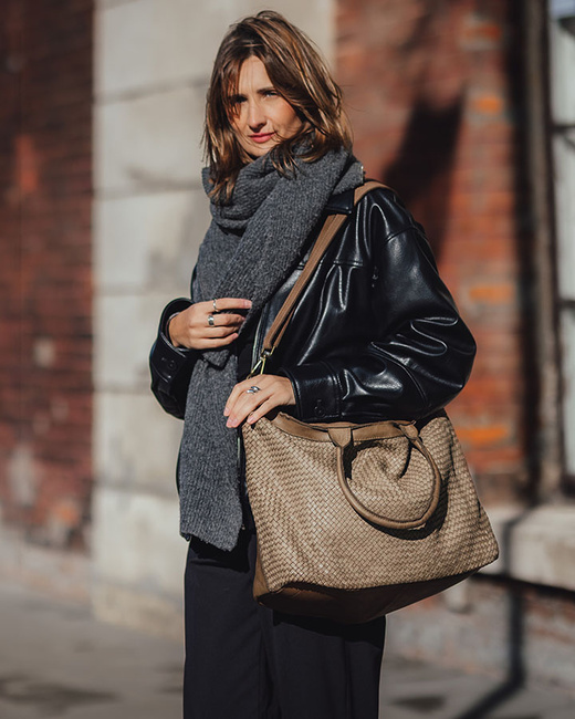 Duża torba shopper z plecionej skóry naturalnej - MARCO MAZZINI beżowa