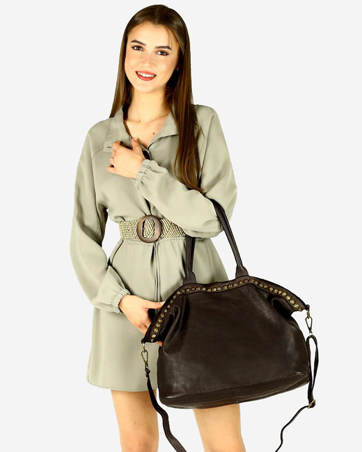 Duża torebka skórzana oversize style shopper bag - MARCO MAZZINI ciemny brąz caffe