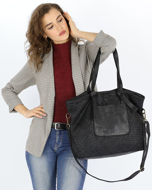 Oryginalna torebka pleciona damska skórzany shopper bag - MARCO MAZZINI czarna