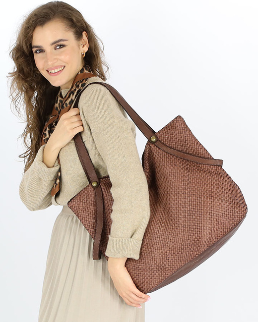 Duża torebka pleciona shopperka ze skóry - MARCO MAZZINI brązowa