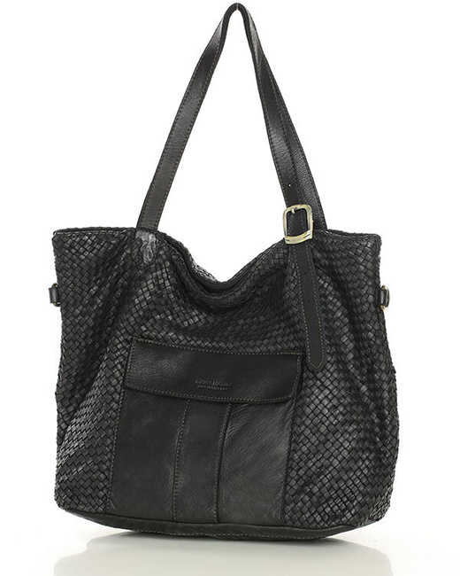 Duża torebka pleciona na ramię shopperka skórzana - MARCO MAZZINI czarna