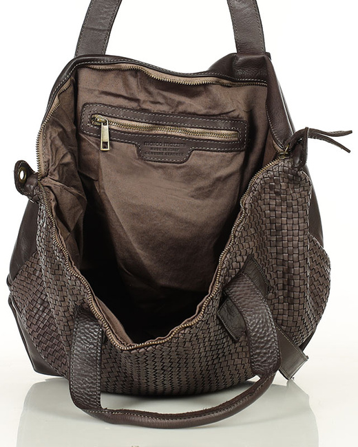 Ciemnobrązowa torebka pleciona shopper A4 z miękkiej włoskiej skóry Marco Mazzini