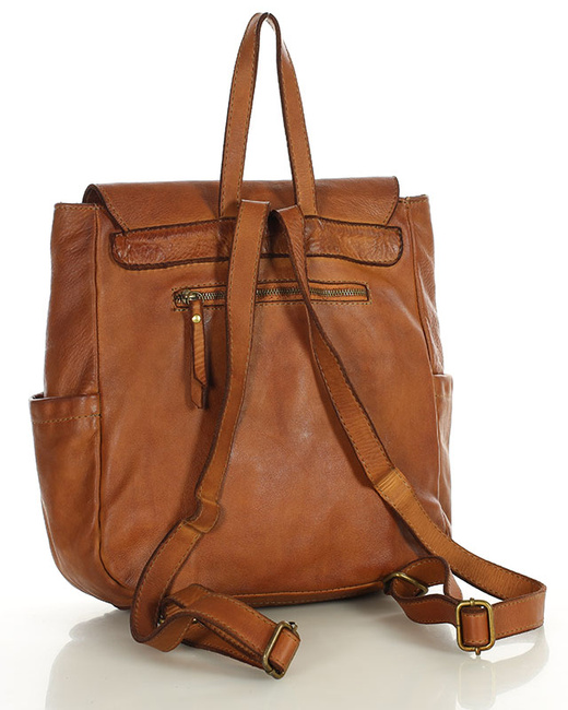 Plecak damski skórzany pleciony z kieszeniami - MARCO MAZZINI brąz camel