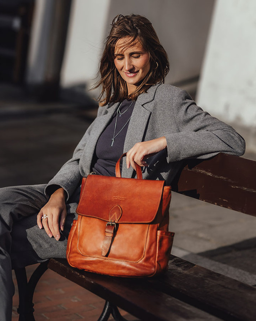 Plecak skórzany handmade z kieszeniami - MARCO MAZZINI brąz camel