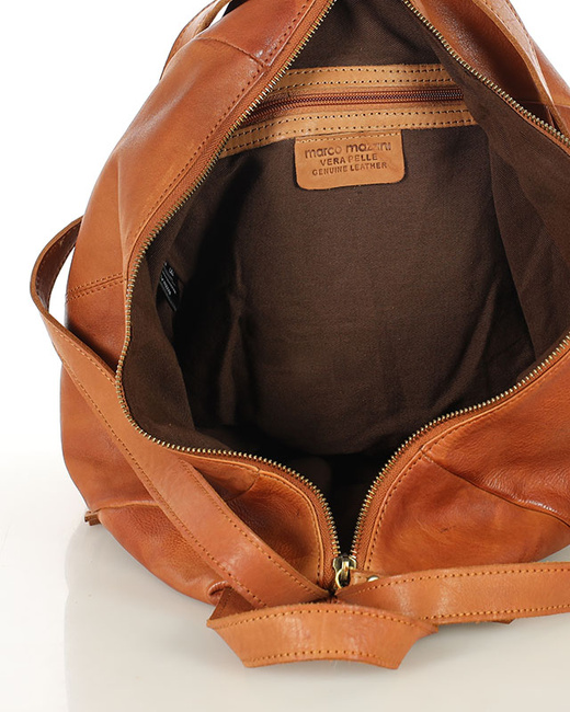 Brązowy skórzany plecak damski z bezpiecznym dostępem do wnętrza – MARCO MAZZINI camel