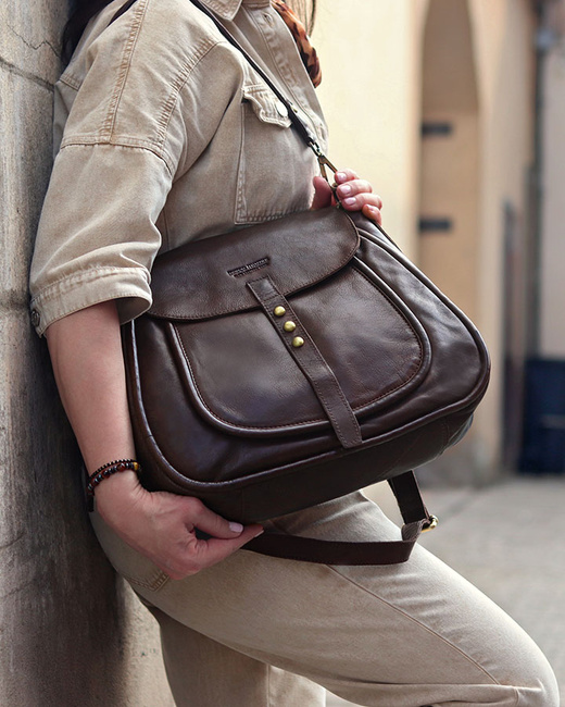 Saddle bag skórzana torebka damska na ramię - MARCO MAZZINI czekoladowy brąz
