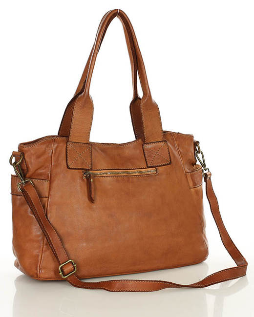 Torebka damska skórzana z kieszeniami na zewnątrz - MARCO MAZZINI brąz camel