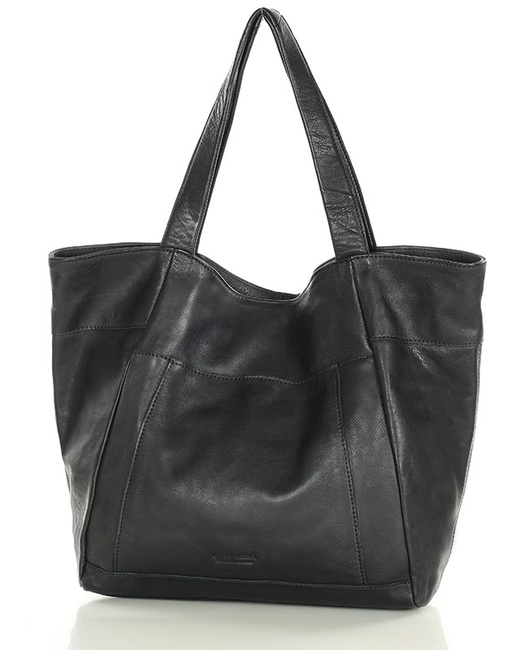 Duża skórzana torebka shopper z kieszenią - MARCO MAZZINI czarny