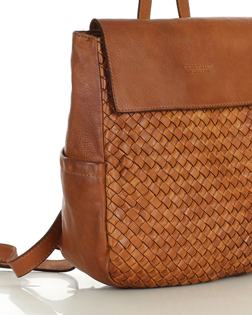 Plecak damski skórzany pleciony z kieszeniami - MARCO MAZZINI brąz camel
