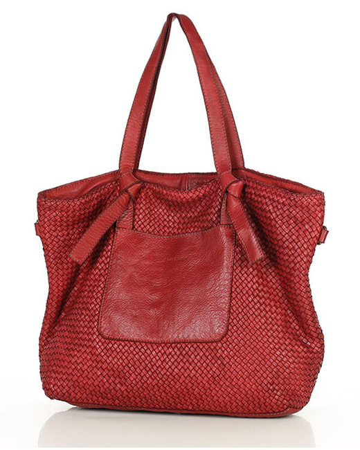 Oryginalna torebka pleciona damska skórzany shopper bag - MARCO MAZZINI bordowy czerwony