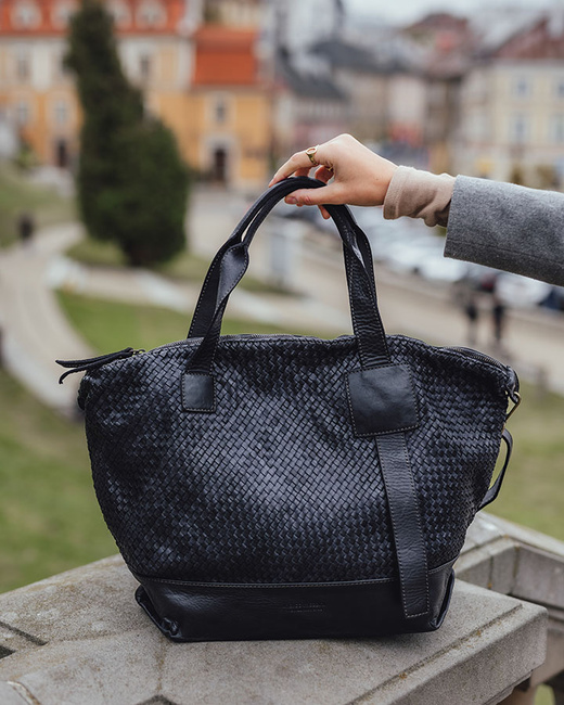 Czarna torebka pleciona shopper A4 z miękkiej włoskiej skóry Marco Mazzini