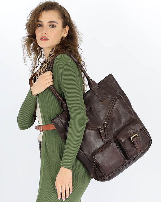 Duża torba shopper z przegródkami skóra naturalna - MARCO MAZZINI ciemny brąz
