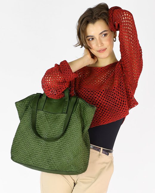 Torba damska pleciona shopper & shoulder leather bag - MARCO MAZZINI zielony militare