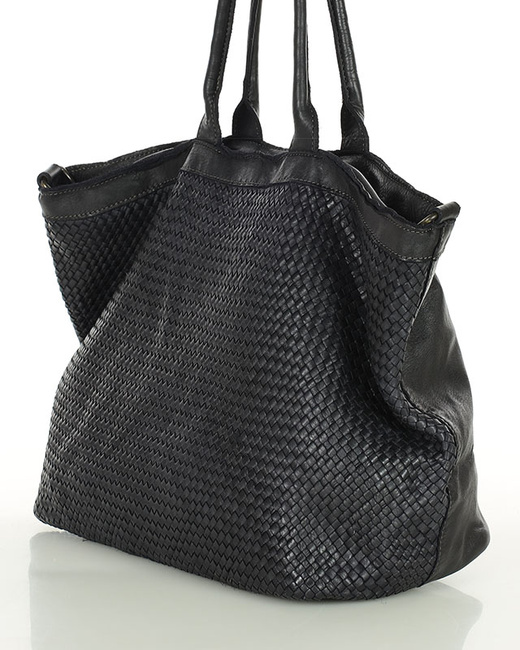Duża torba shopper z plecionej skóry naturalnej - MARCO MAZZINI czarna