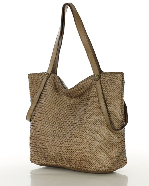 Duża torebka pleciona shopperka ze skóry - MARCO MAZZINI beżowa