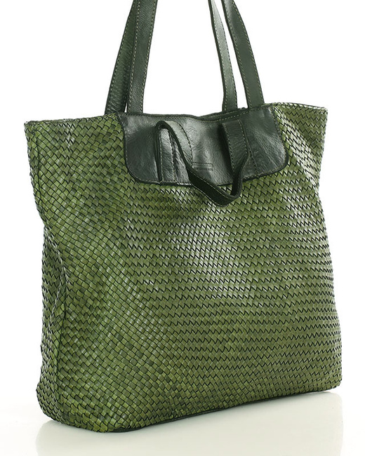 Torba damska pleciona shopper & shoulder leather bag - MARCO MAZZINI zielony militare