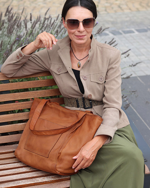 Shopperka torebka skórzana miejska - MARCO MAZZINI brąz camel