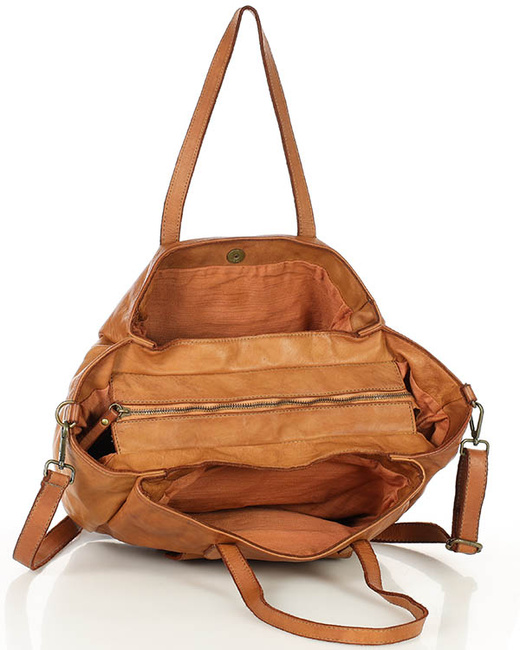 Torebka damska trzykomorowa shopperka skórzana - MARCO MAZZINI brąz camel