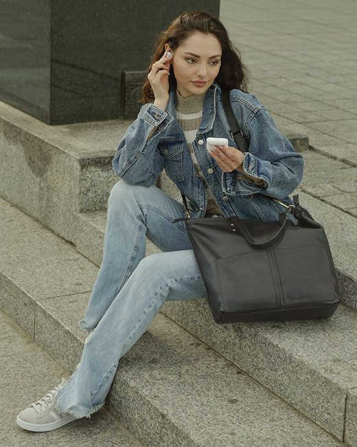 Torebka skórzana czarna duża typu shopper - MARCO MAZZINI