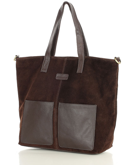 Torebka damska shopper duża zamszowa z kieszonkami – MARCO MAZZINI ciemnobrązowa