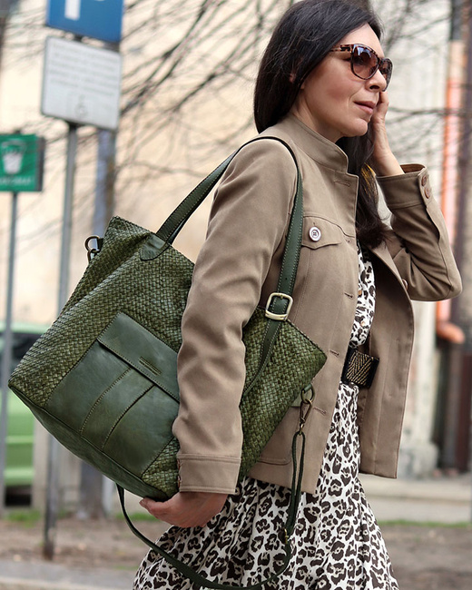 Duża torebka pleciona na ramię shopperka skórzana - MARCO MAZZINI zielona