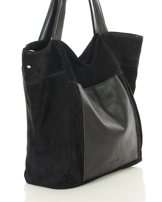 Duża torba zamszowa shopper skórzany z kieszenią - MARCO MAZZINI czarny