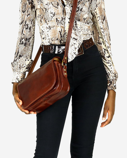 Włoska torebka listonoszka skórzana z klapą MARCO MAZZINI - Alabama Classico brązowa