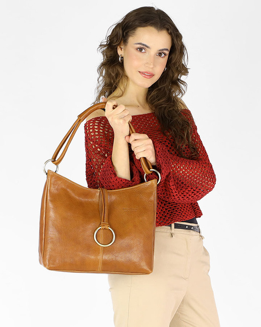 Klasyczna torba skórzana na ramię premium leather - MARCO MAZZINI brąz camel