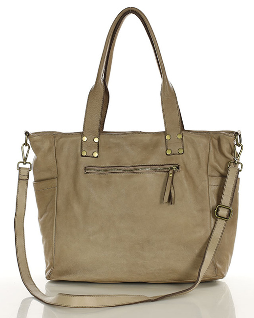 Torba skórzana shopper XL na ramię z dwoma kieszeniami MARCO MAZZINI beżowa