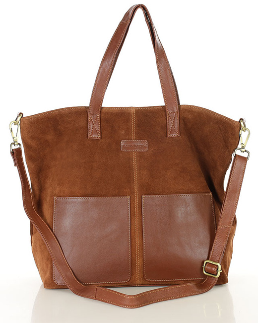 Torebka damska shopper duża zamszowa z kieszonkami – MARCO MAZZINI brązowa