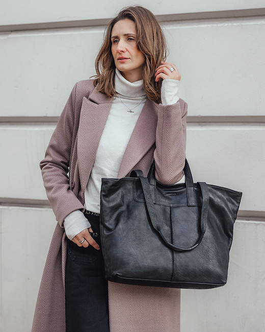 Duża torba shopper skórzana podwójne rączki - MARCO MAZZINI czarna