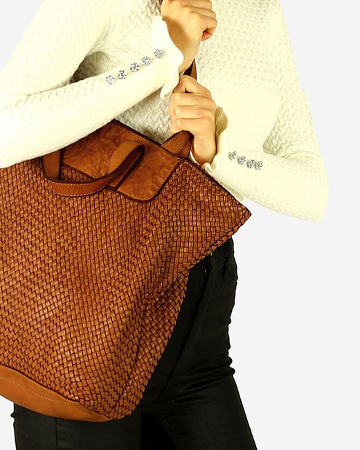 Torba damska pleciona shopper & shoulder leather bag - MARCO MAZZINI brąz karmel
