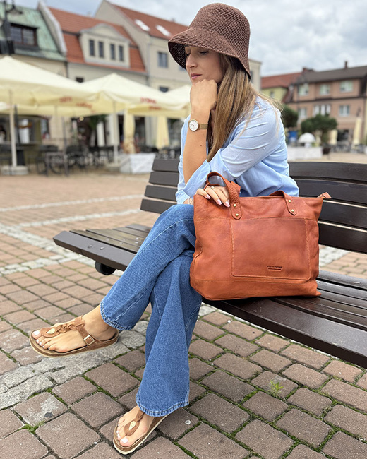 Torebka skórzana shopper damski z przegródkami - MARCO MAZZINI camelowy brąz