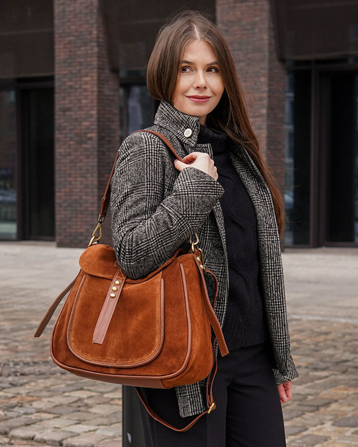 Torebka zamszowa saddle bag skórzana na ramię - MARCO MAZZINI brąz camel