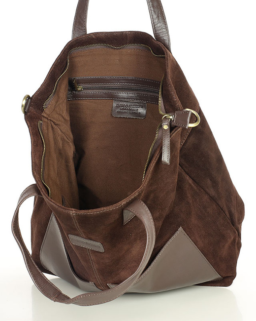 Torebka damska shopper duża zamszowa z kieszonkami – MARCO MAZZINI ciemnobrązowa