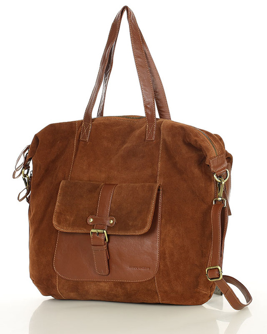 Duża brązowa shopperka zamszowa skórzana z kieszenią – MARCO MAZZINI