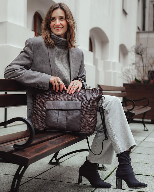 Duża torebka pleciona na ramię shopperka skórzana - MARCO MAZZINI ciemny brąz