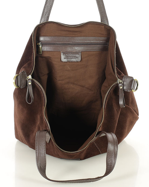 Torba skórzana zamszowa shopper z kieszeniami - It bag MARCO MAZZINI ciemny brąz
